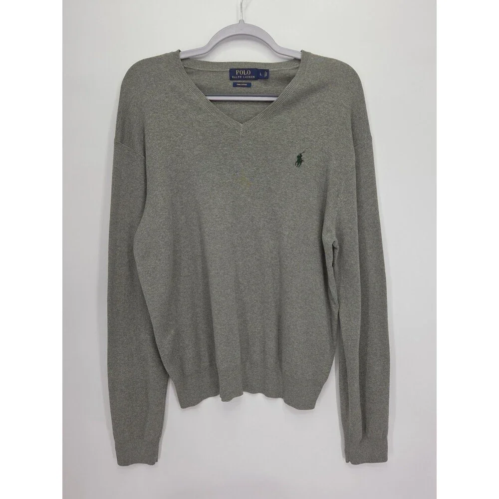 Polo Ralph Lauren Mens Large Pima Cotton V Neck Sweater Gray Green Pony
